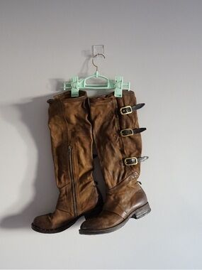 A.S. 98 Honey Brown Leather Knee-High Buckle Boots